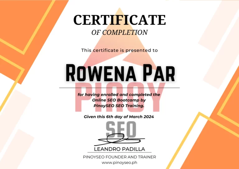 Rowena Par SEO Certification from Pinoy SEO